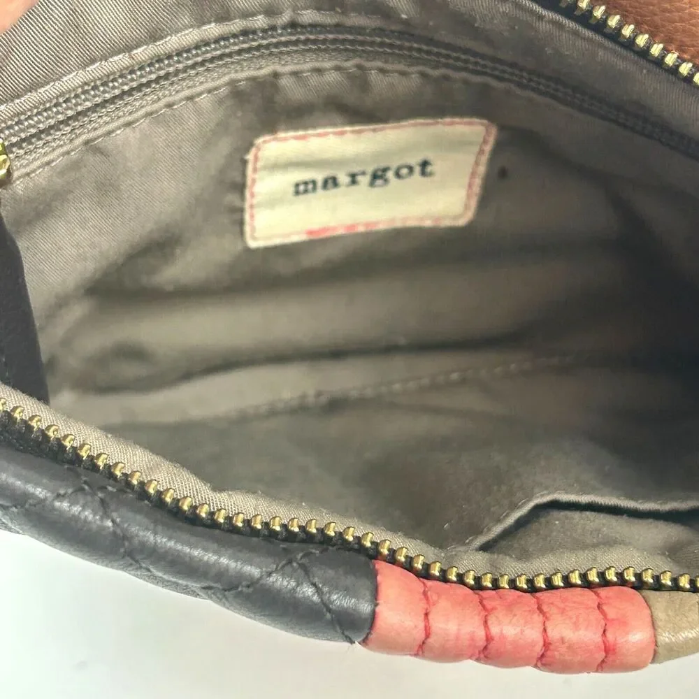 Margot New York Leather Black Pink Tan Colorblock Clutch Bag Purse Large Tassel